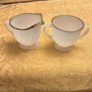Vintage Fire King Footed Swirl Milk Glass Creamer & Sugar Set – Gold Rim – Made